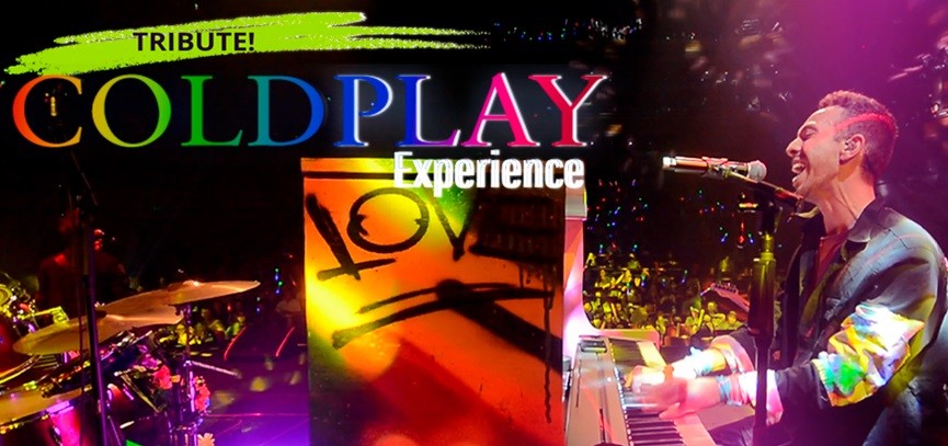 Arte colorida sobre o show Coldplay Experience.