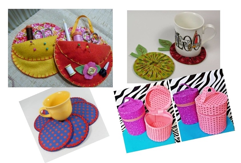 Fotos de diferentes artesanatos, porta copos coloridos, porta-trecos e mochilas de costura