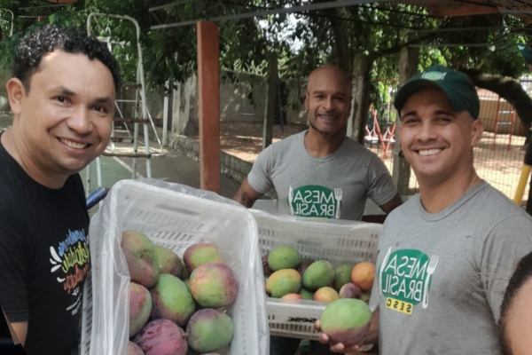 Três homens vestindo camisas da ação Mesa Brasil, sorrindo para a foto e segurando duas caixas repletas de mangas